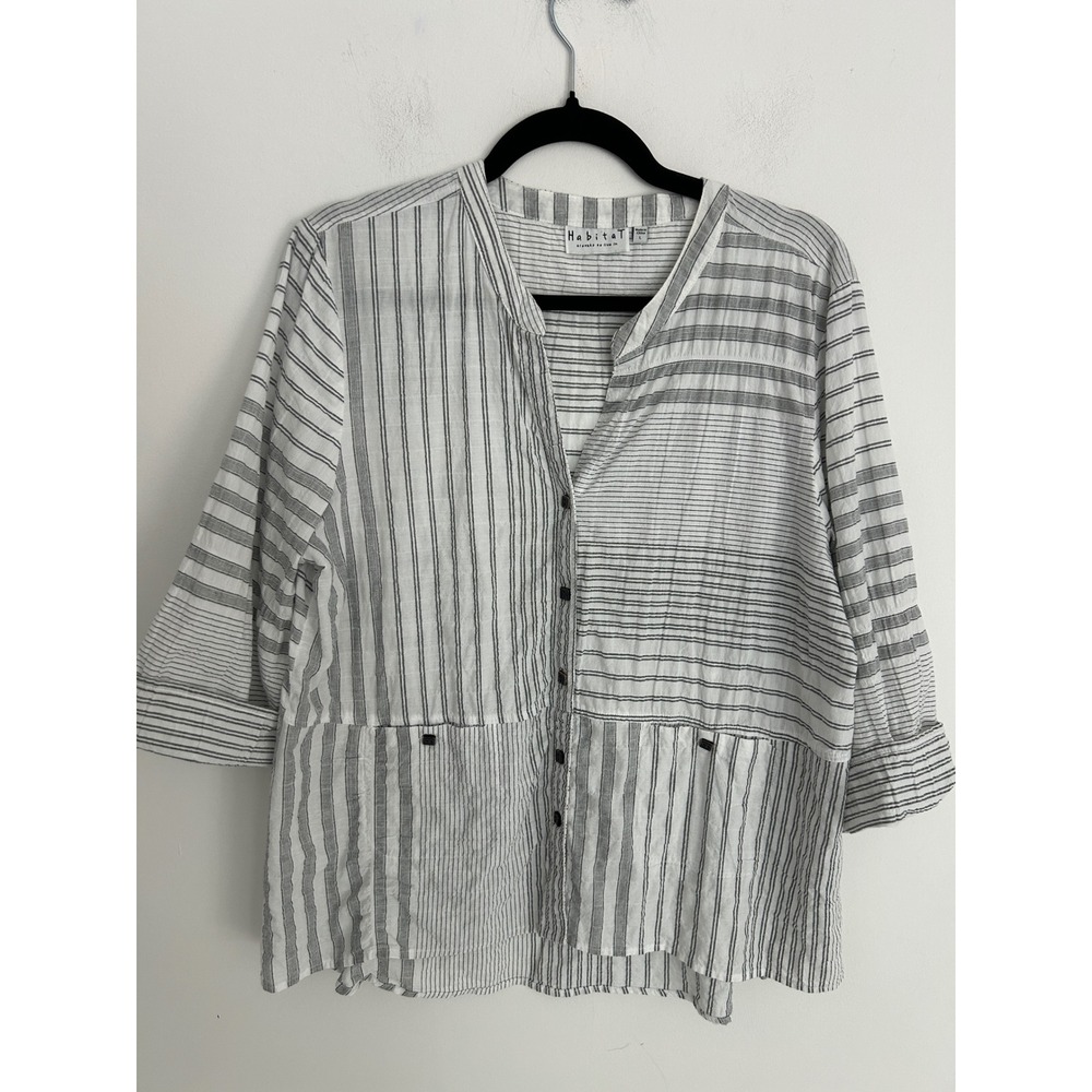 Habitat Clothes to Live In Women Large Striped Crinkle Button Down Top 3/4Sleeve